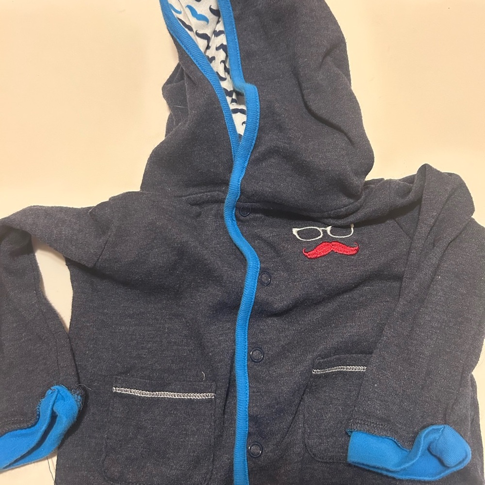 Absorba baby boy blue hoodie featuring a red mustache & eyeglass print - 12m